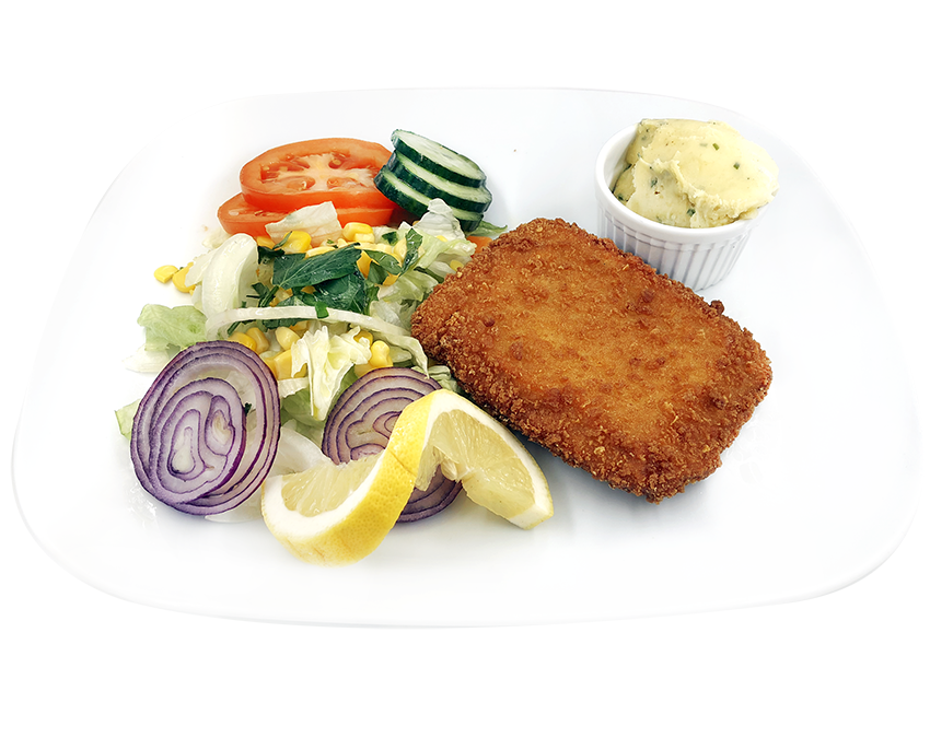 KALKUNSNITZEL MED OST OG SALAT /189,-